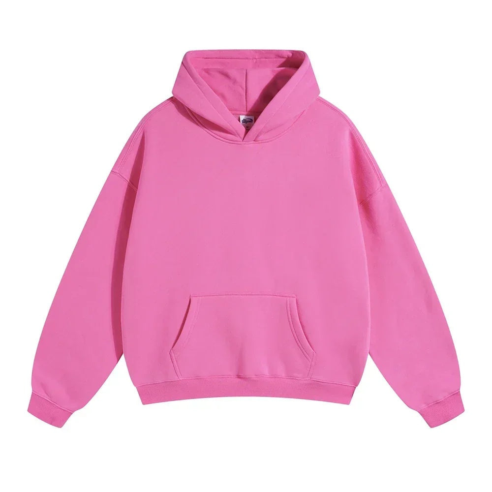 Pink pullover hoodie with kangaroo pocket, shown flat, front view | Chaps London