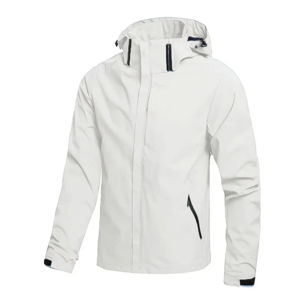White hooded zip-up jacket with pockets, shown on a mannequin | Chaps London