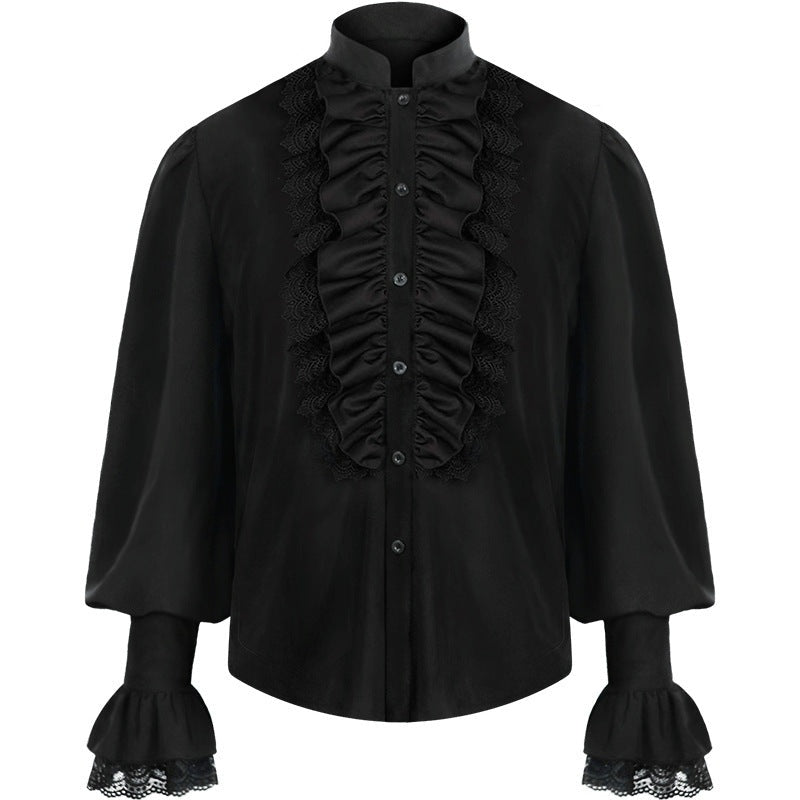 Black ruffled Victorian-style shirt with lace trim, flat lay view | Chaps London