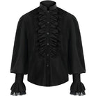Black ruffled Victorian-style shirt with lace trim, flat lay view | Chaps London