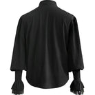 Black ruffled shirt with lace cuffs, shown flat, back view | Chaps London