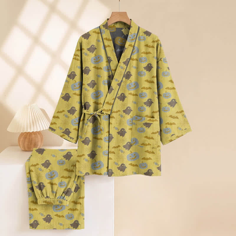 Yellow kimono pajama set with ghost print, displayed on hanger with pants | Chaps London