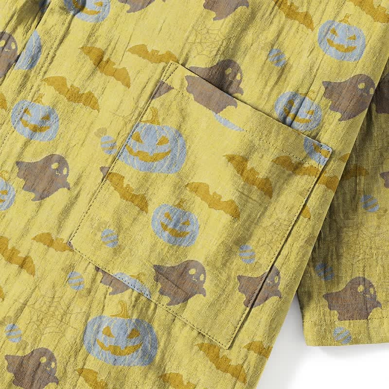 Yellow fabric with pumpkin, ghost, bat print, showing pocket detail flat | Chaps London