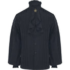 Black ruffled Victorian-style shirt with jabot collar, worn by a person | Chaps London