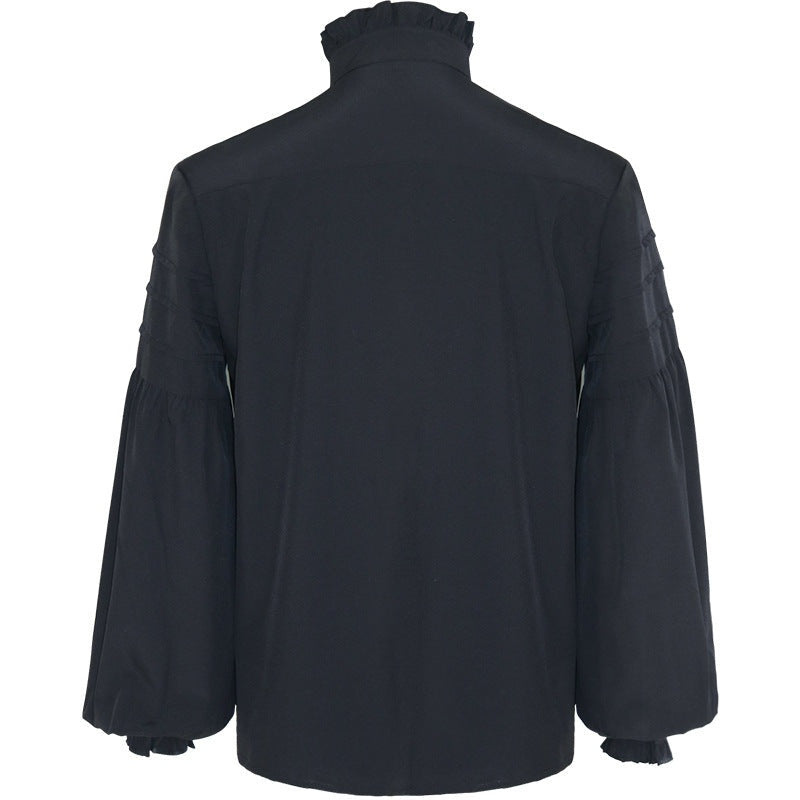 Black ruffled collar shirt with bell sleeves, worn by model, back view | Chaps London
