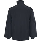 Black ruffled collar shirt with bell sleeves, worn by model, back view | Chaps London