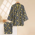 Gray kimono pajama set with yellow ghost and pumpkin print, on hanger | Chaps London