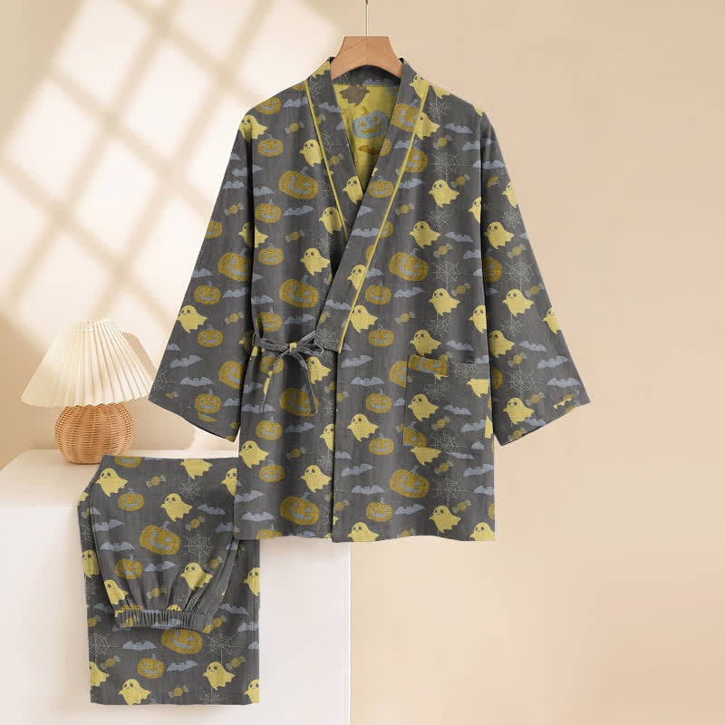 Gray kimono pajama set with yellow ghost and pumpkin print, on hanger | Chaps London