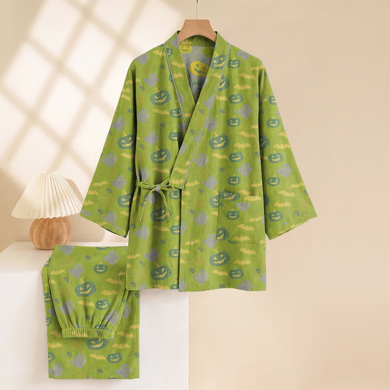 Green kimono pyjama set with pumpkin print, displayed on hanger | Chaps London