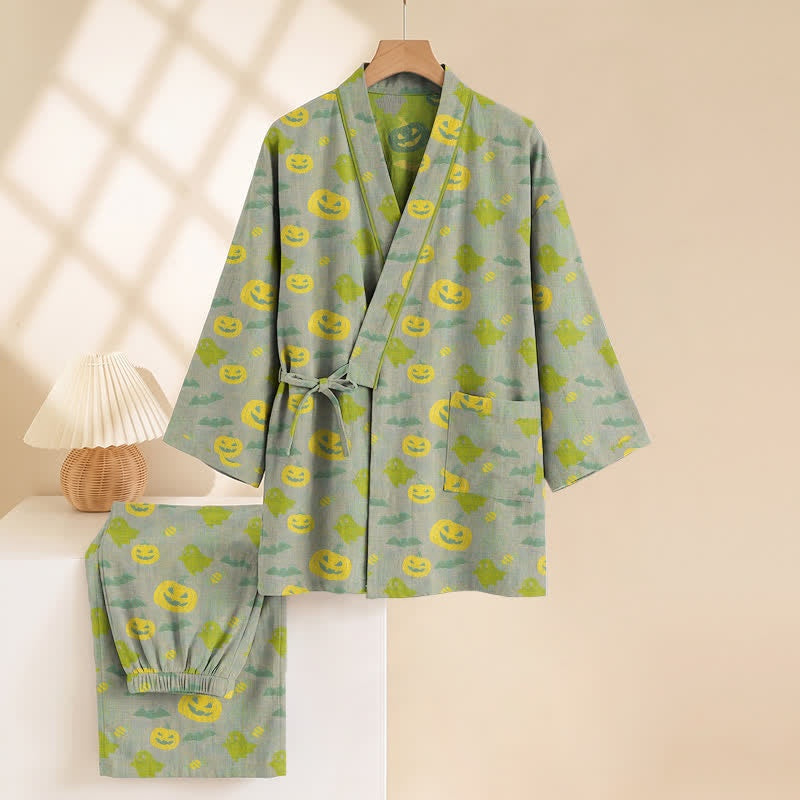 Green kimono pyjama set with yellow pumpkin print on hanger | Chaps London