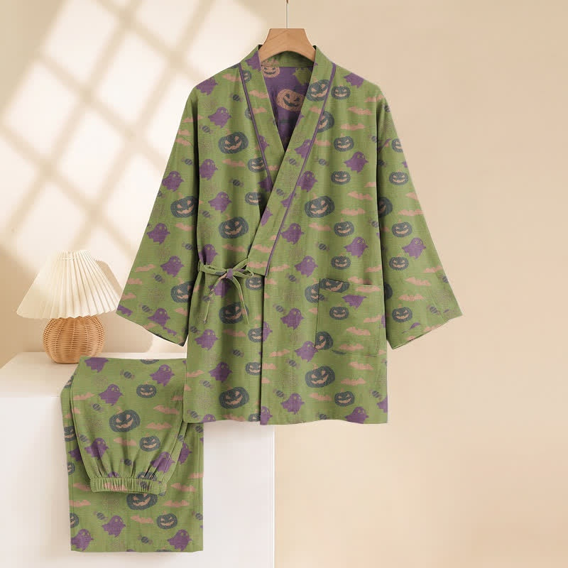 Green kimono pyjama set with pumpkin and ghost print, on hanger | Chaps London