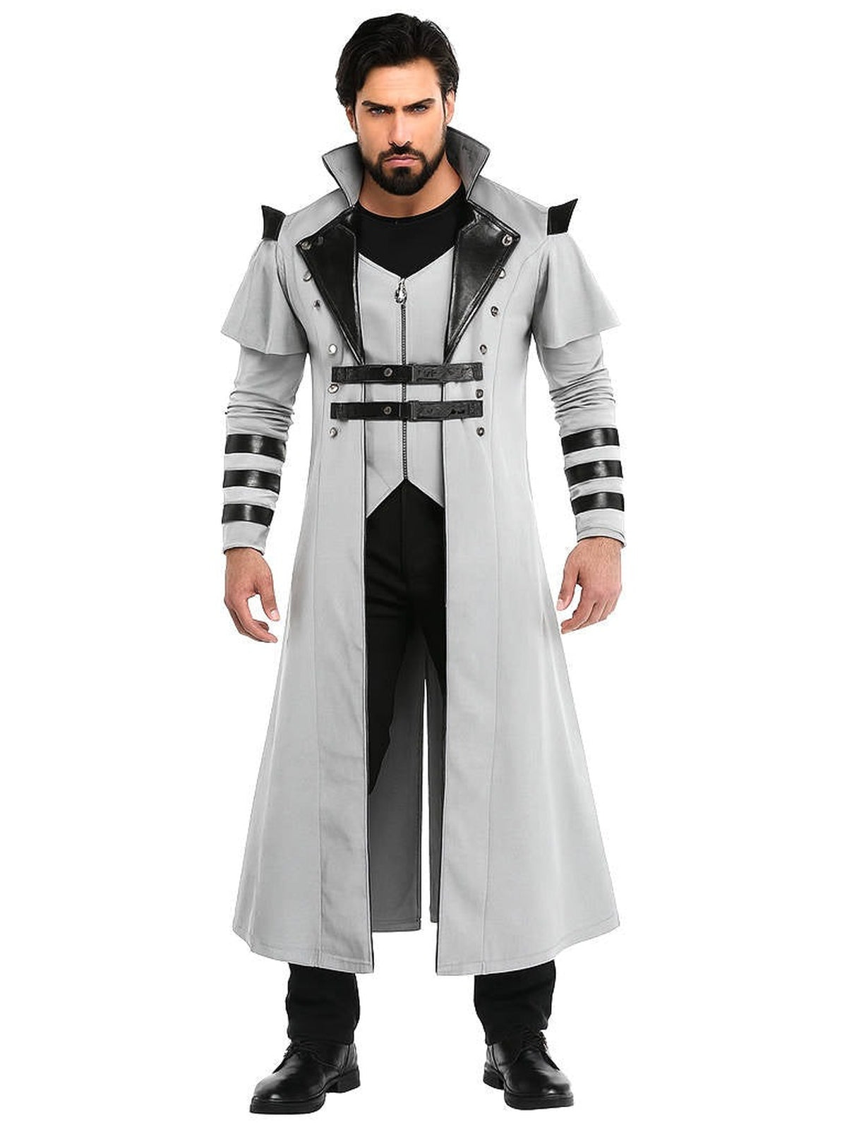 Man in a long grey gothic steampunk coat