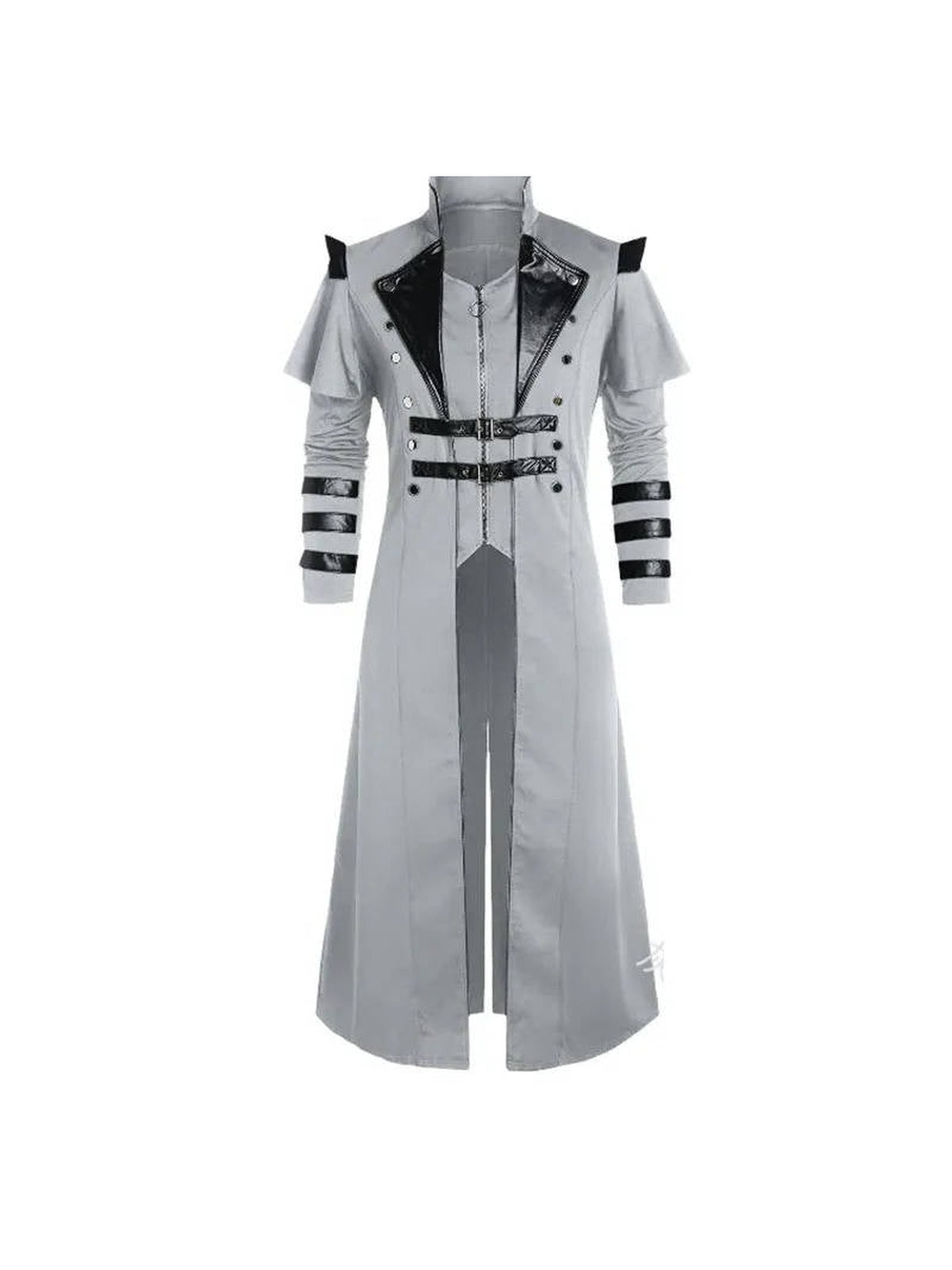 Grey gothic coat with black details, front