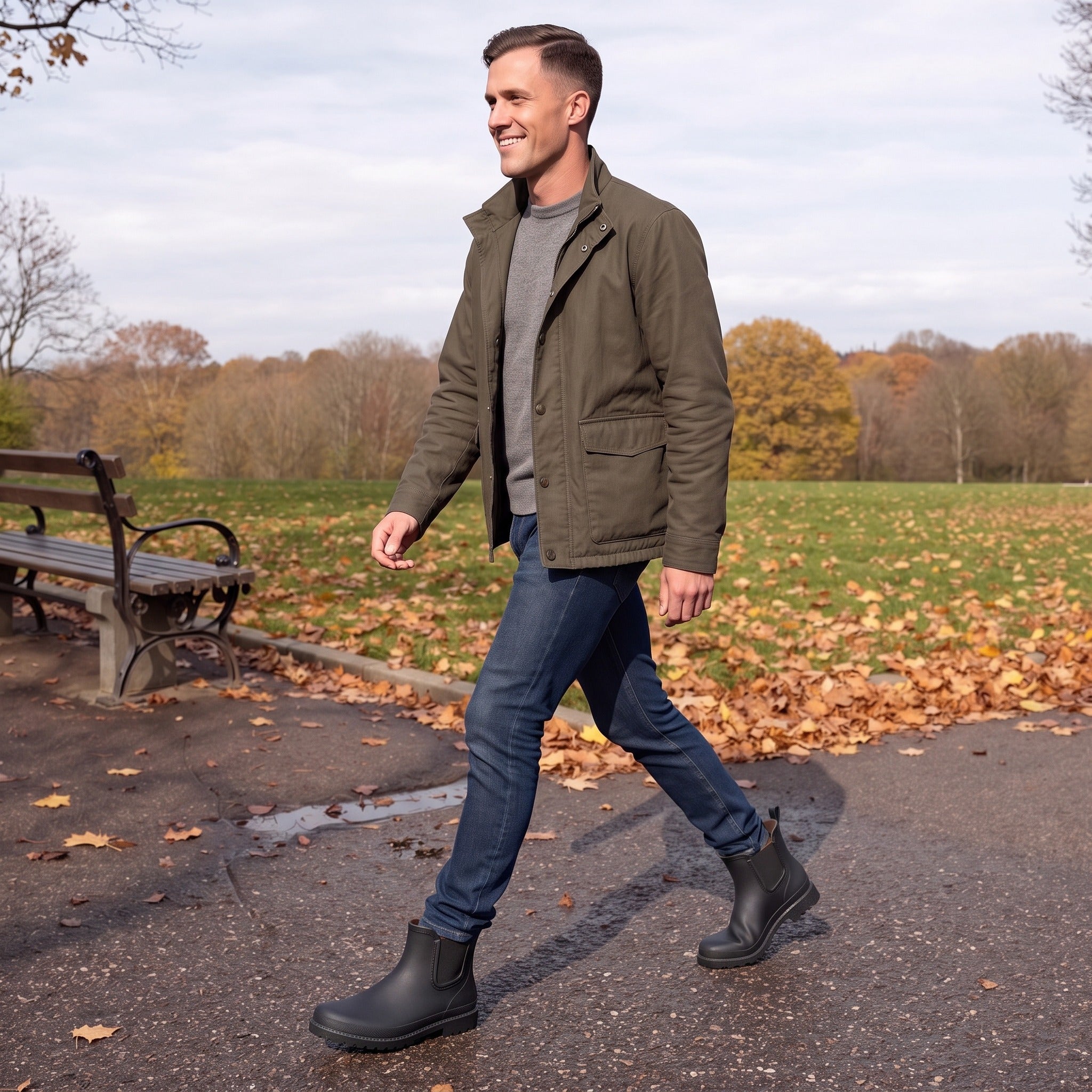 Man walking through an autumn park in black Chelsea wellies, jeans and an olive jacket