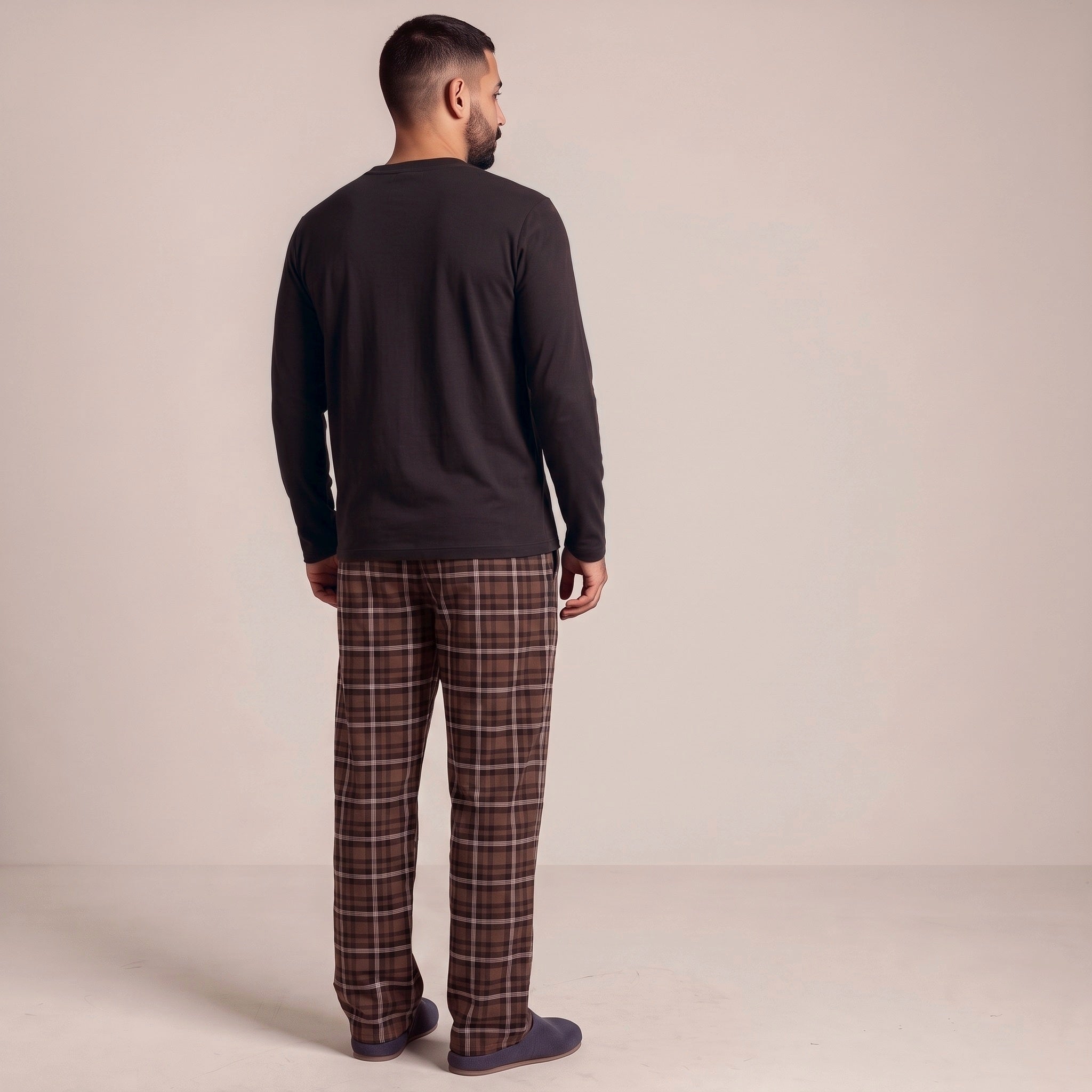 Men's Tall Henley Pyjamas | Check Trousers | Brown
