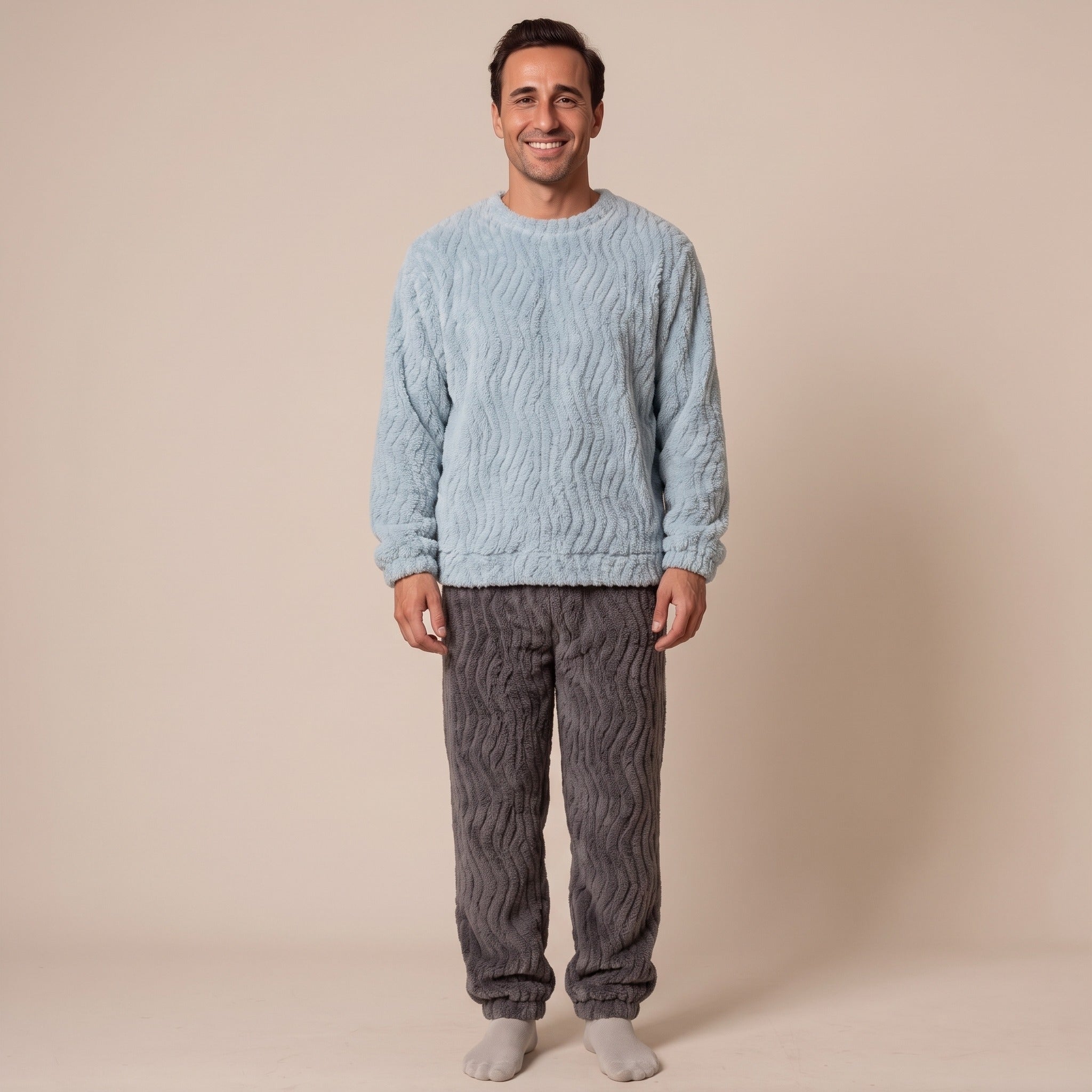 Men's Textured Fleece Pyjamas | Crew Neck Top | 2 Colours