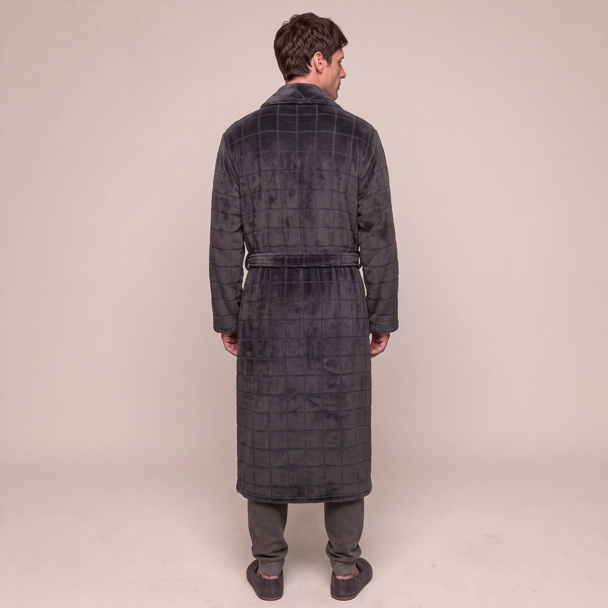 Men's Check Fleece Dressing Gown | Long | Dark Grey