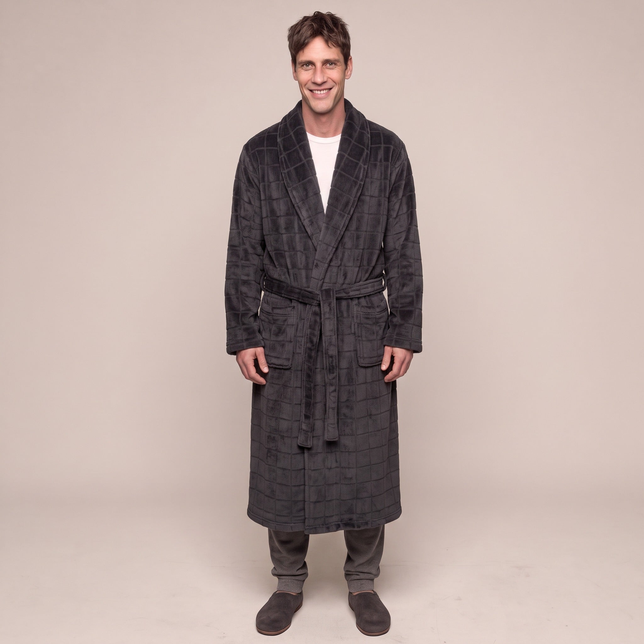 Men's Check Fleece Dressing Gown | Long | Dark Grey