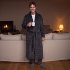 Men's Check Fleece Dressing Gown | Long | Dark Grey
