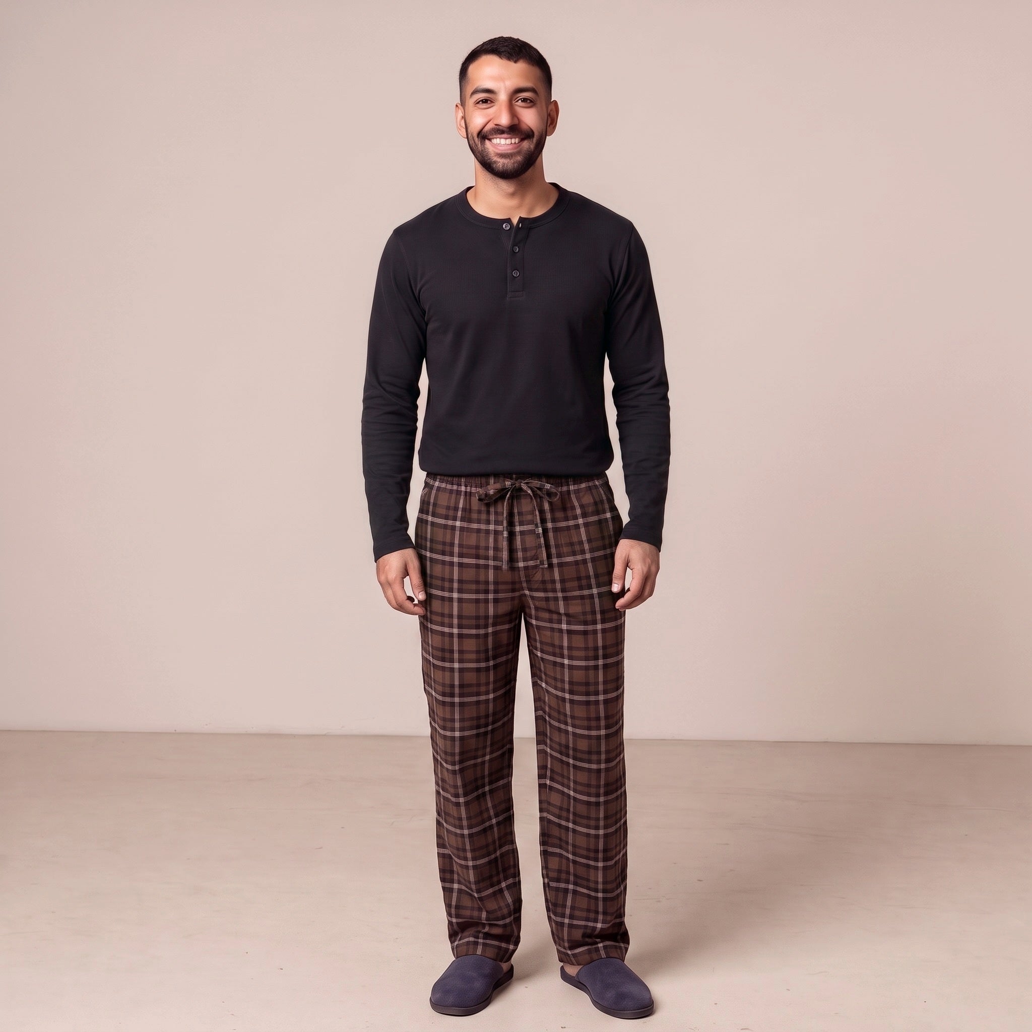 Men's Tall Henley Pyjamas | Check Trousers | Brown