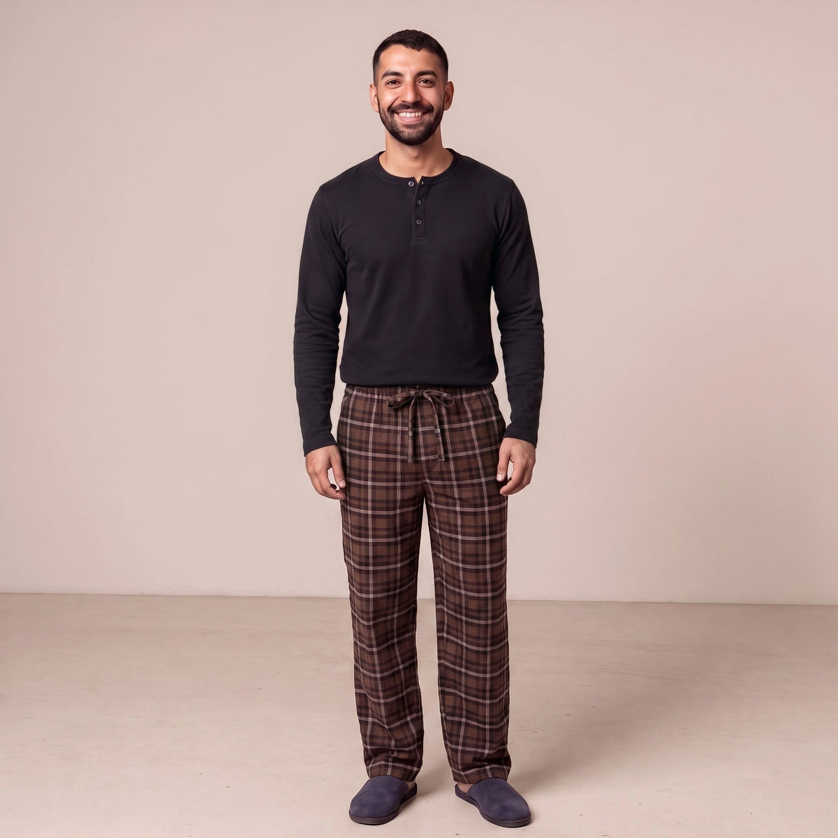 Men's Tall Henley Pyjamas | Check Trousers | Brown
