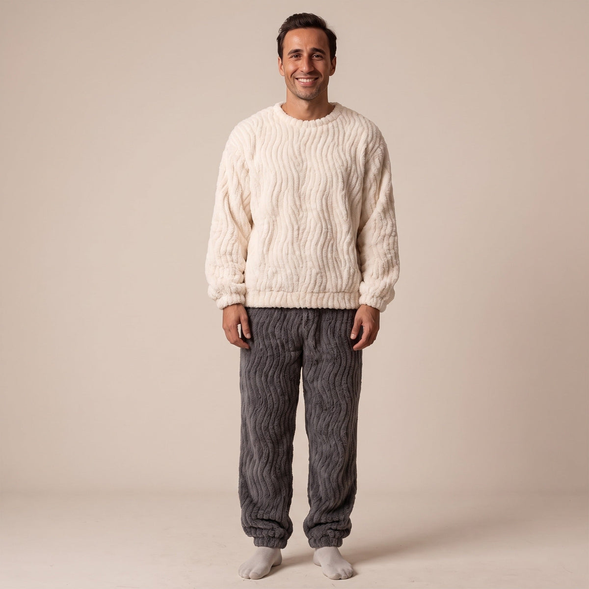 Men's Textured Fleece Pyjamas | Crew Neck Top | 2 Colours