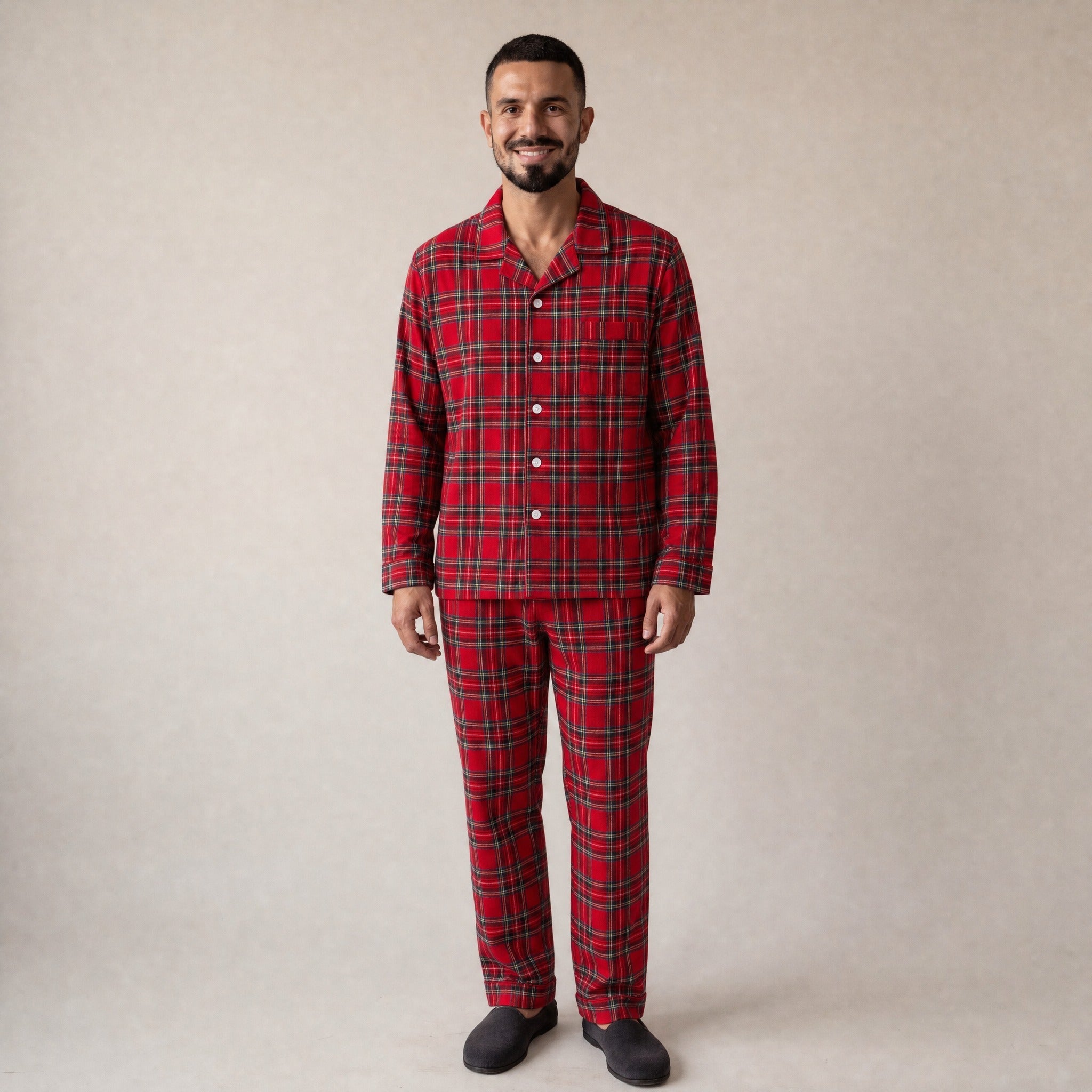 Man wearing red tartan plaid flannel pyjama set, long sleeves and pants | Chaps London