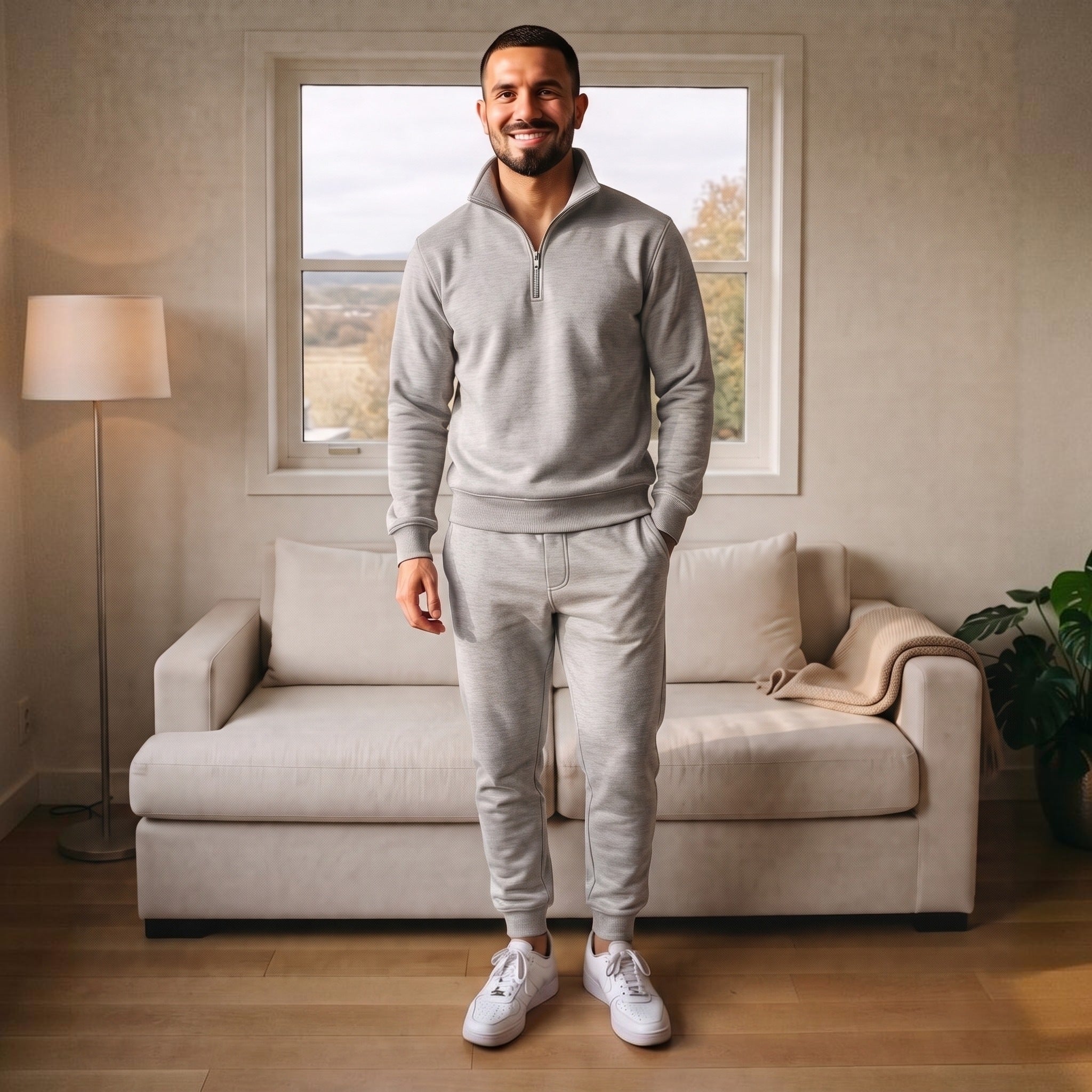 Man wearing grey half zip tracksuit with joggers in living room | Chaps London