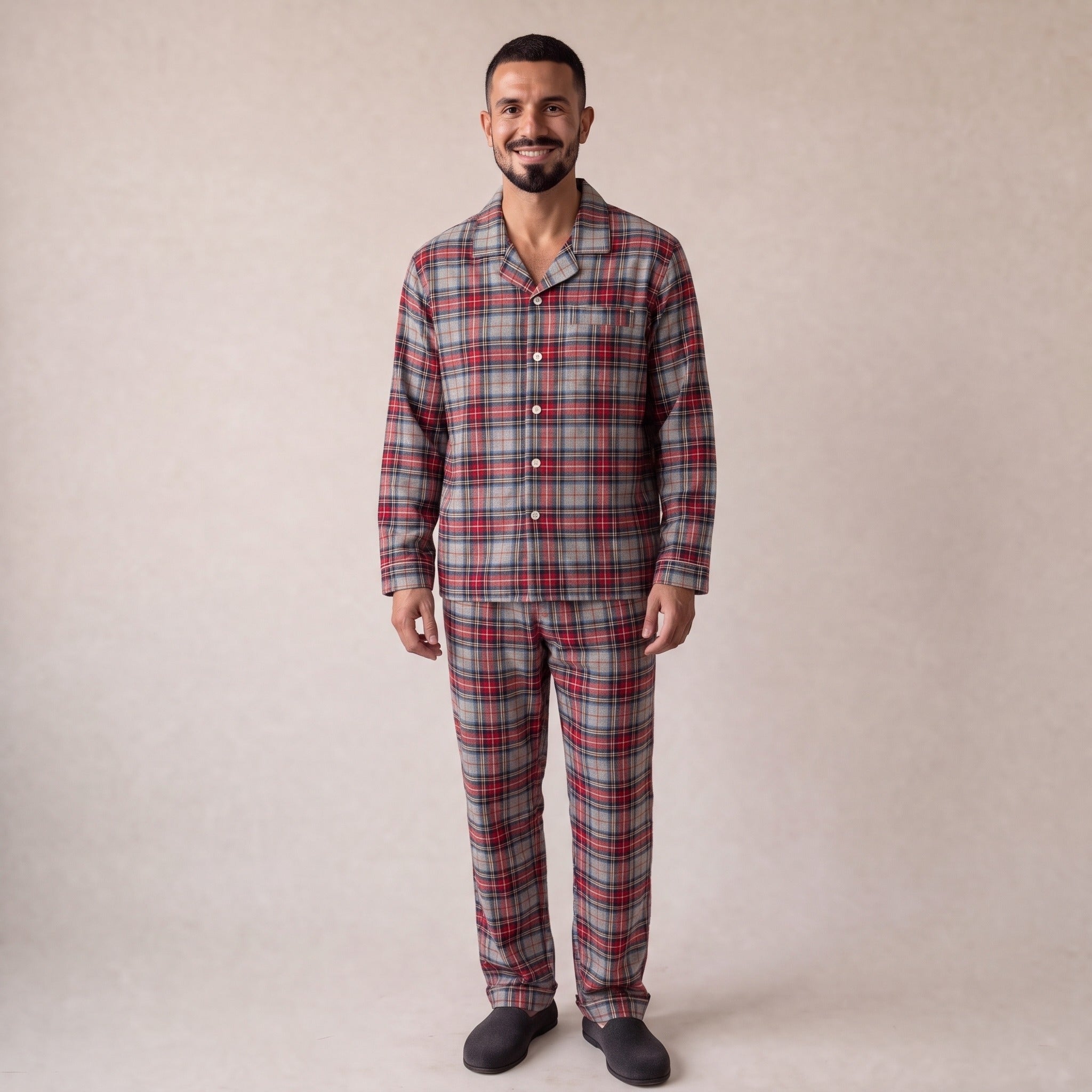 Man wearing grey and red tartan flannel pyjama set, long sleeves and pants | Chaps London