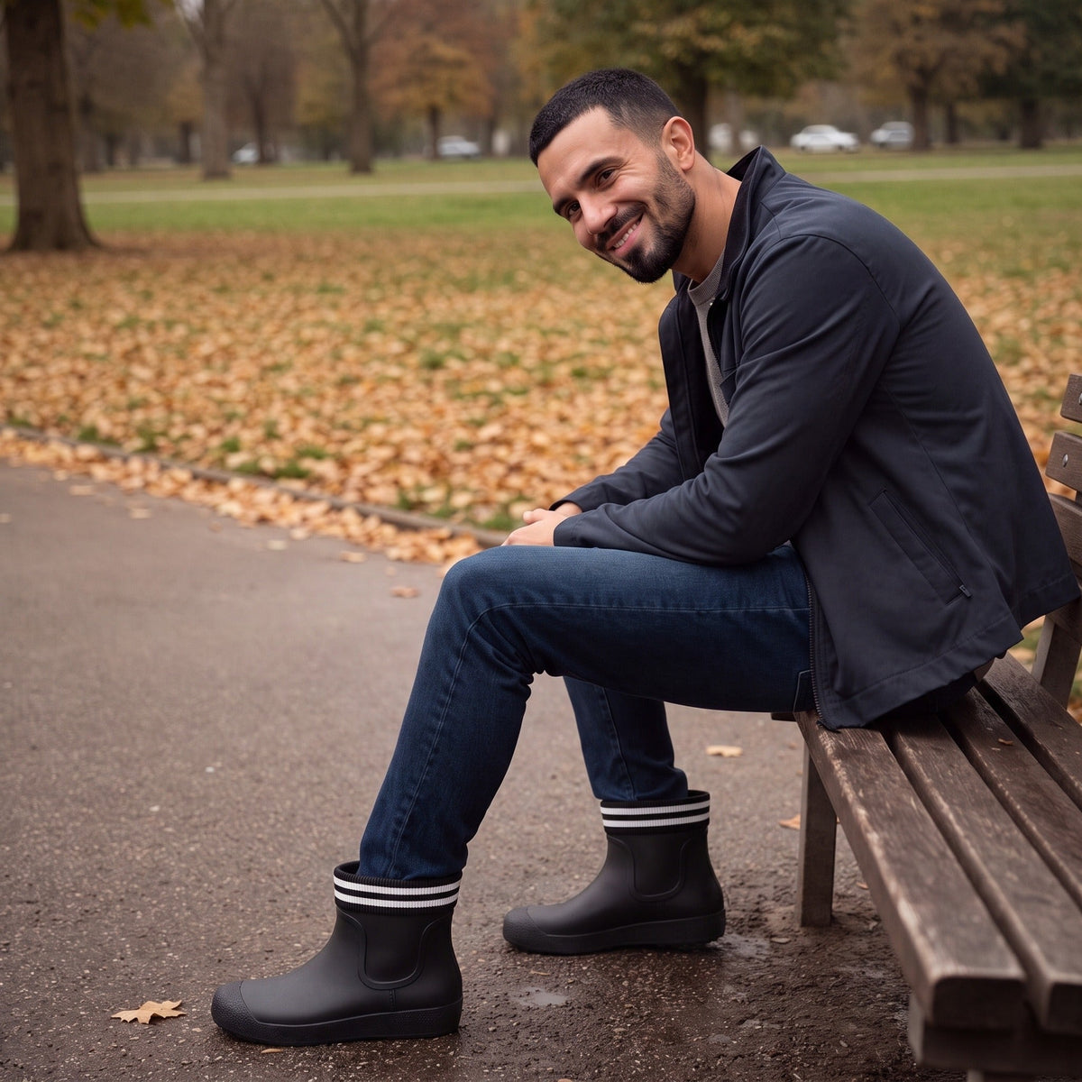Man wearing black ankle wellies with striped trim, sitting on park bench | Chaps London