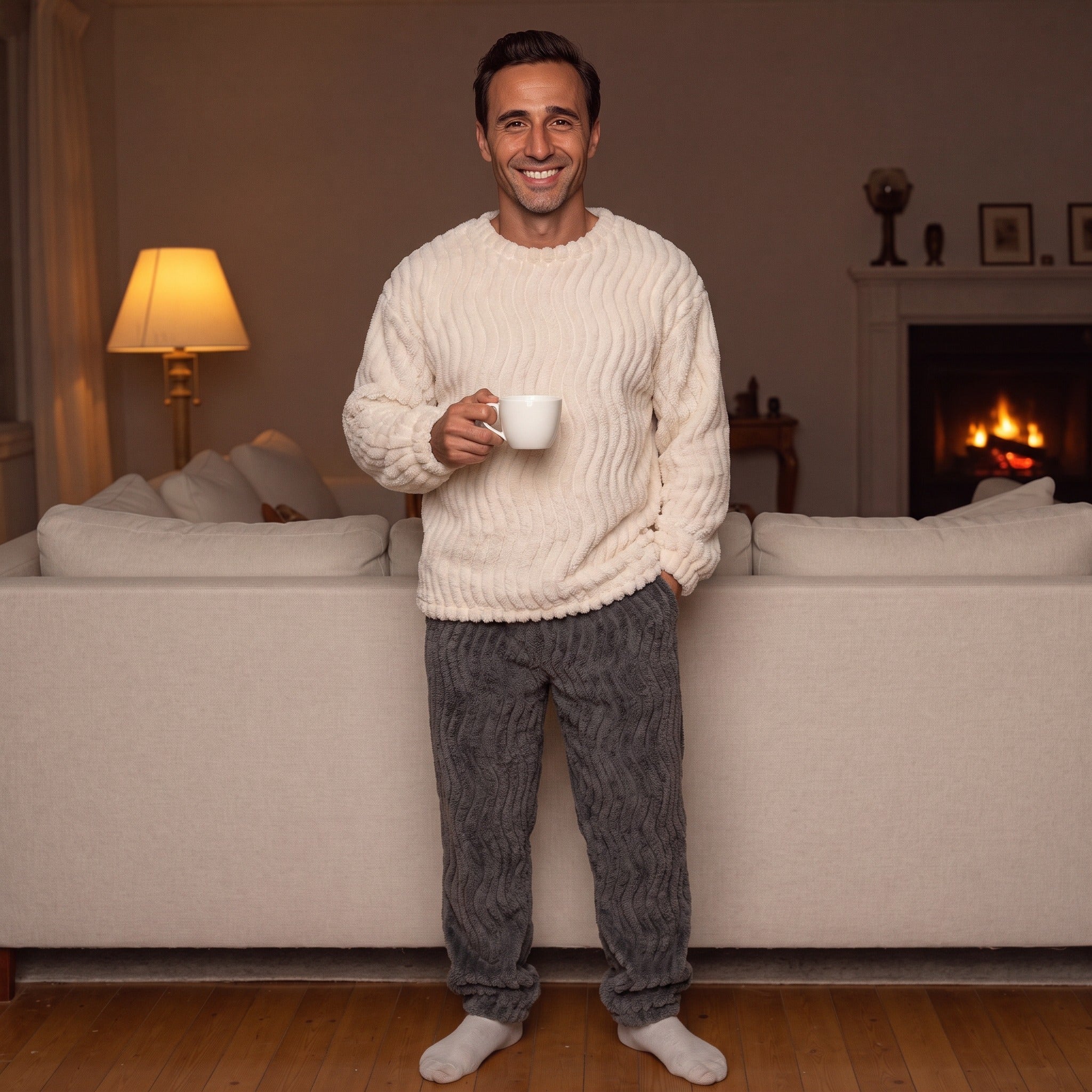 Men's Textured Fleece Pyjamas | Crew Neck Top | 2 Colours