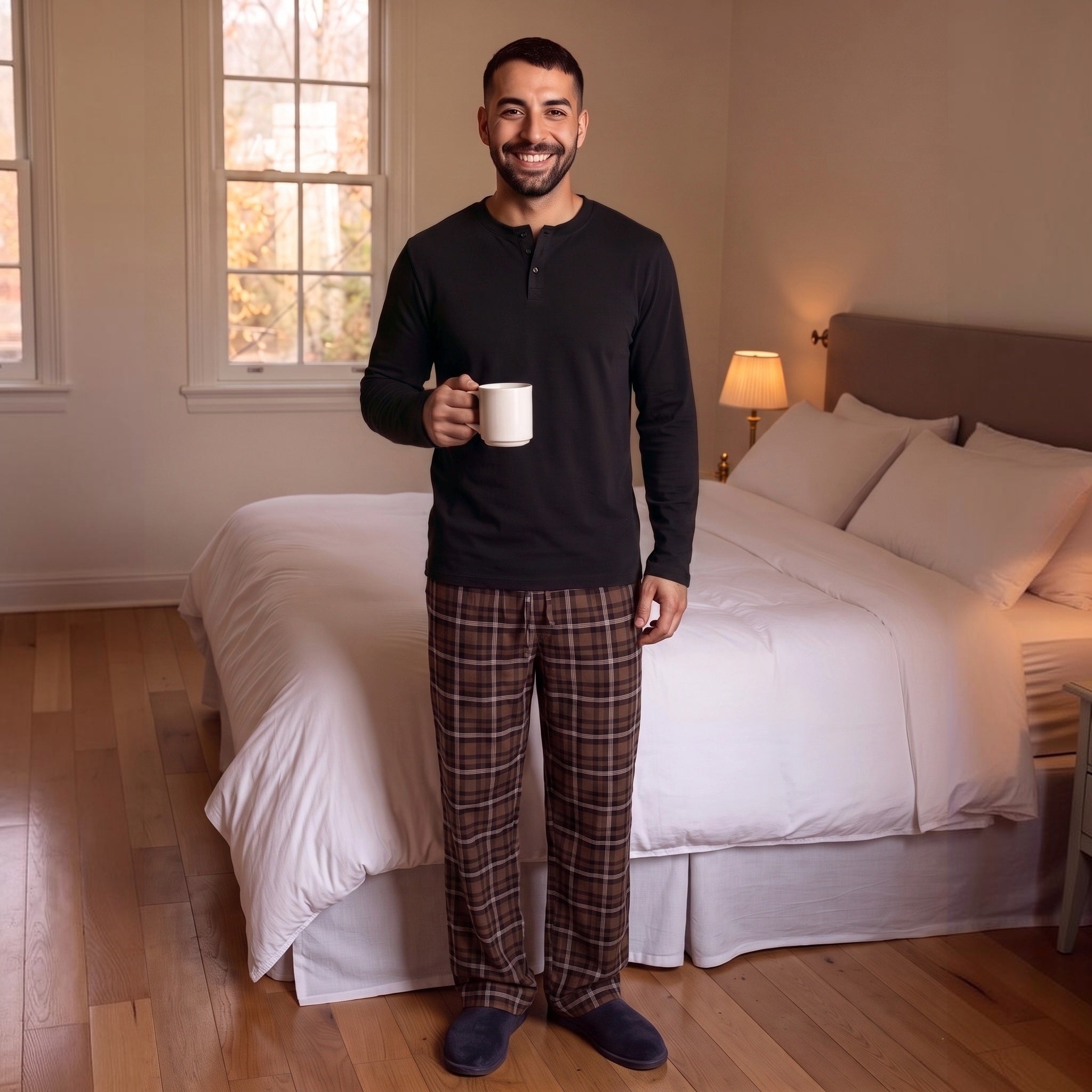 Men's Tall Henley Pyjamas | Check Trousers | Brown