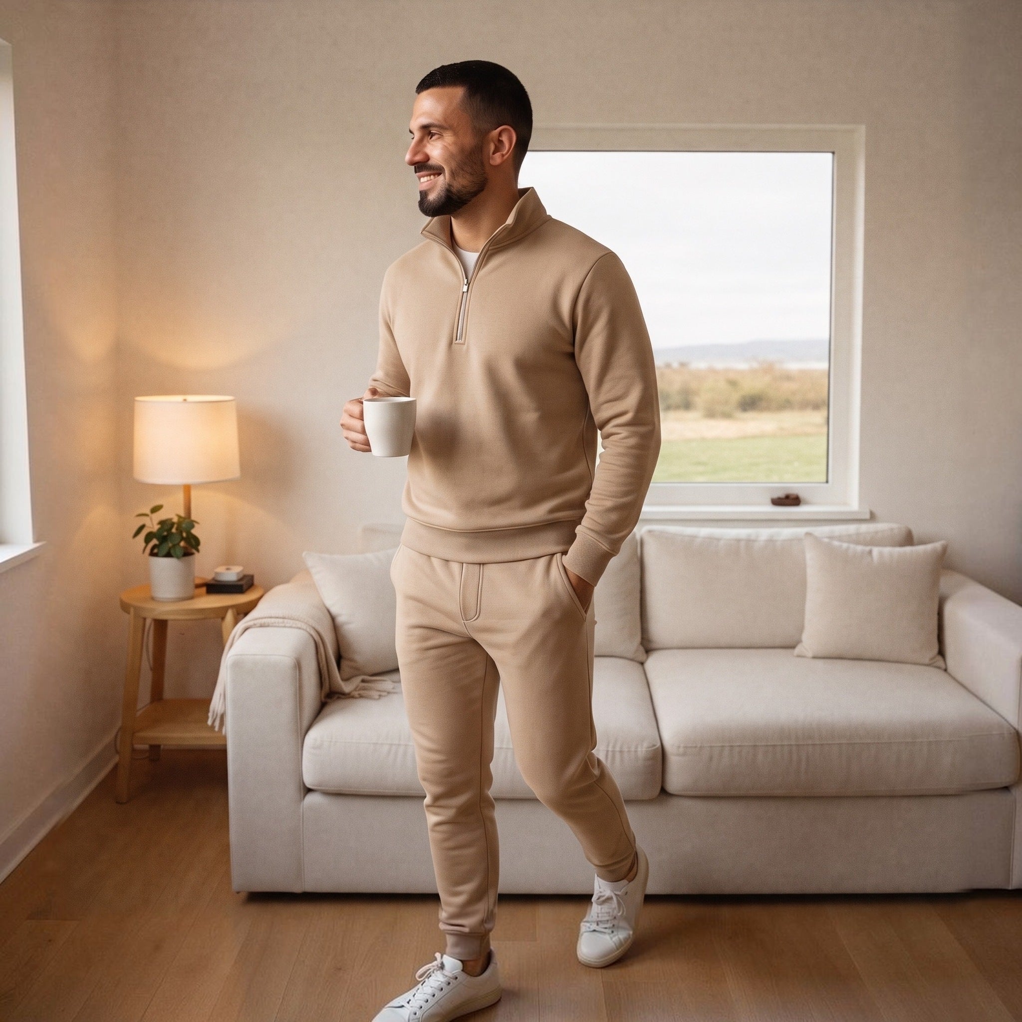 Man wearing beige half zip tracksuit with joggers, holding coffee indoors | Chaps London