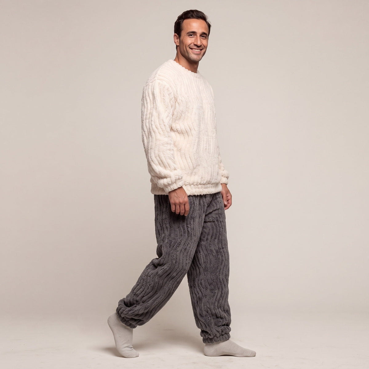Men's Textured Fleece Pyjamas | Crew Neck Top | 2 Colours