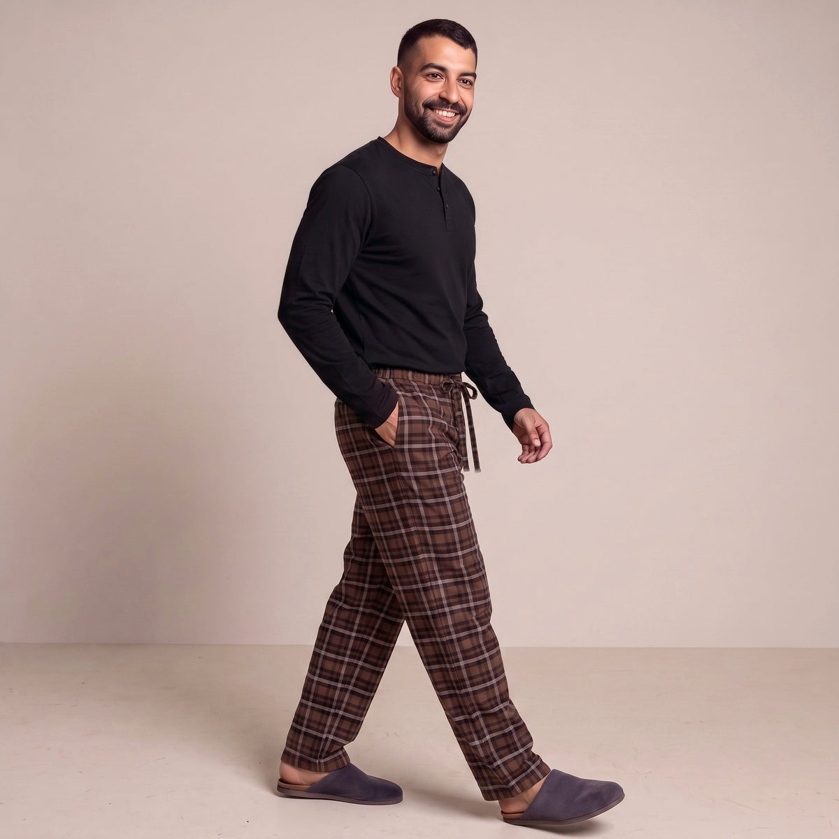 Men's Tall Henley Pyjamas | Check Trousers | Brown