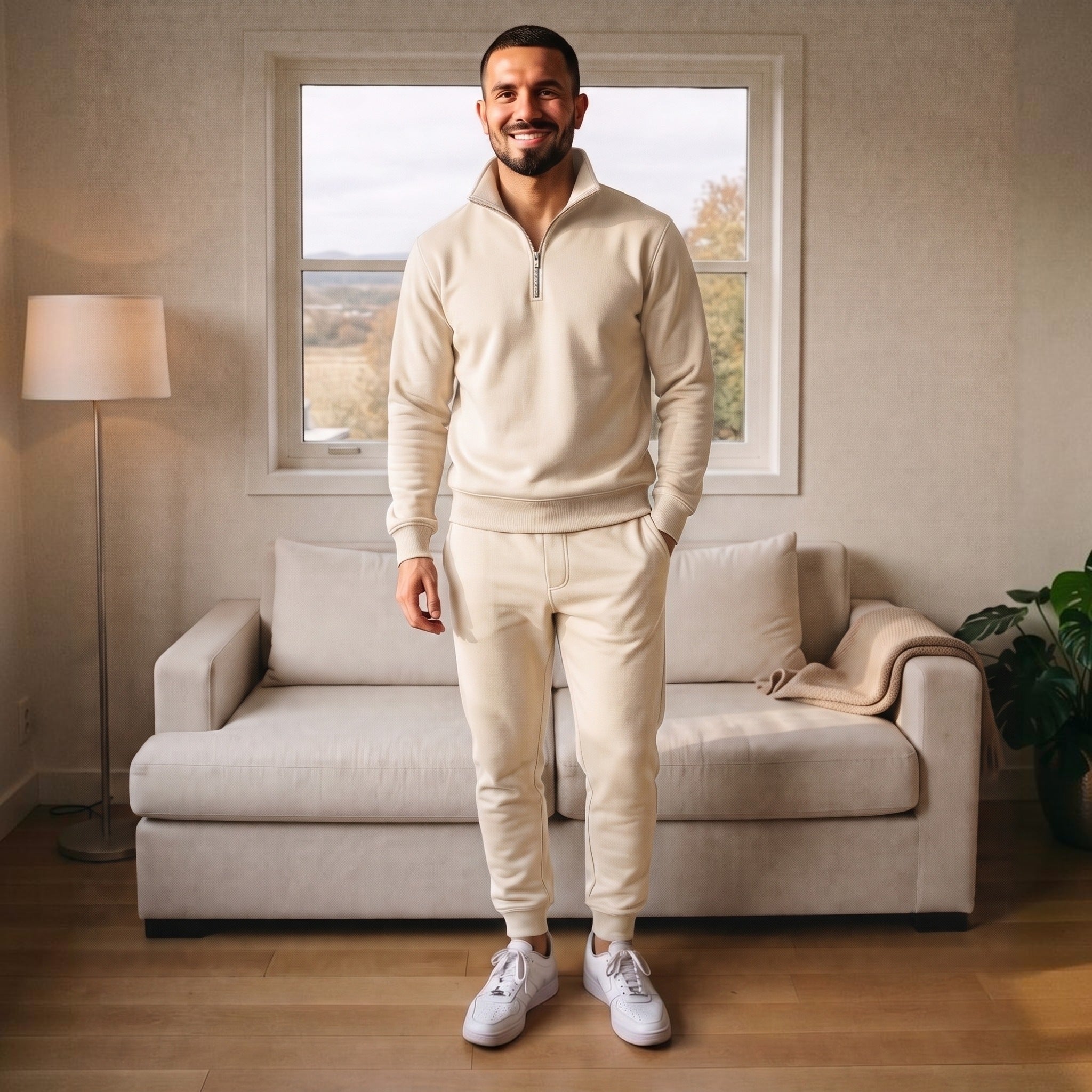 Man wearing cream half zip tracksuit with joggers in living room | Chaps London