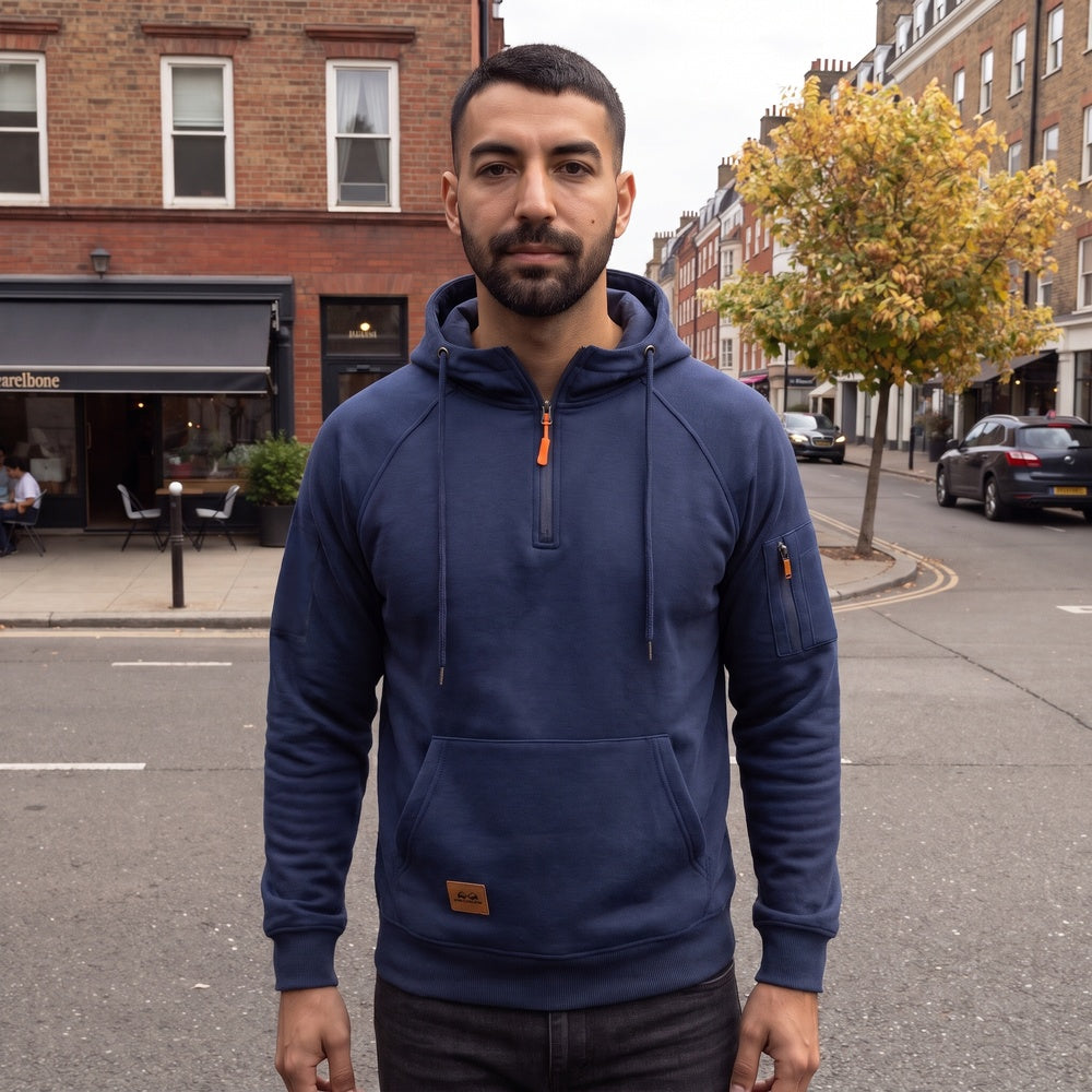 Man wearing the navy half-zip hoodie on a London street | Chaps London