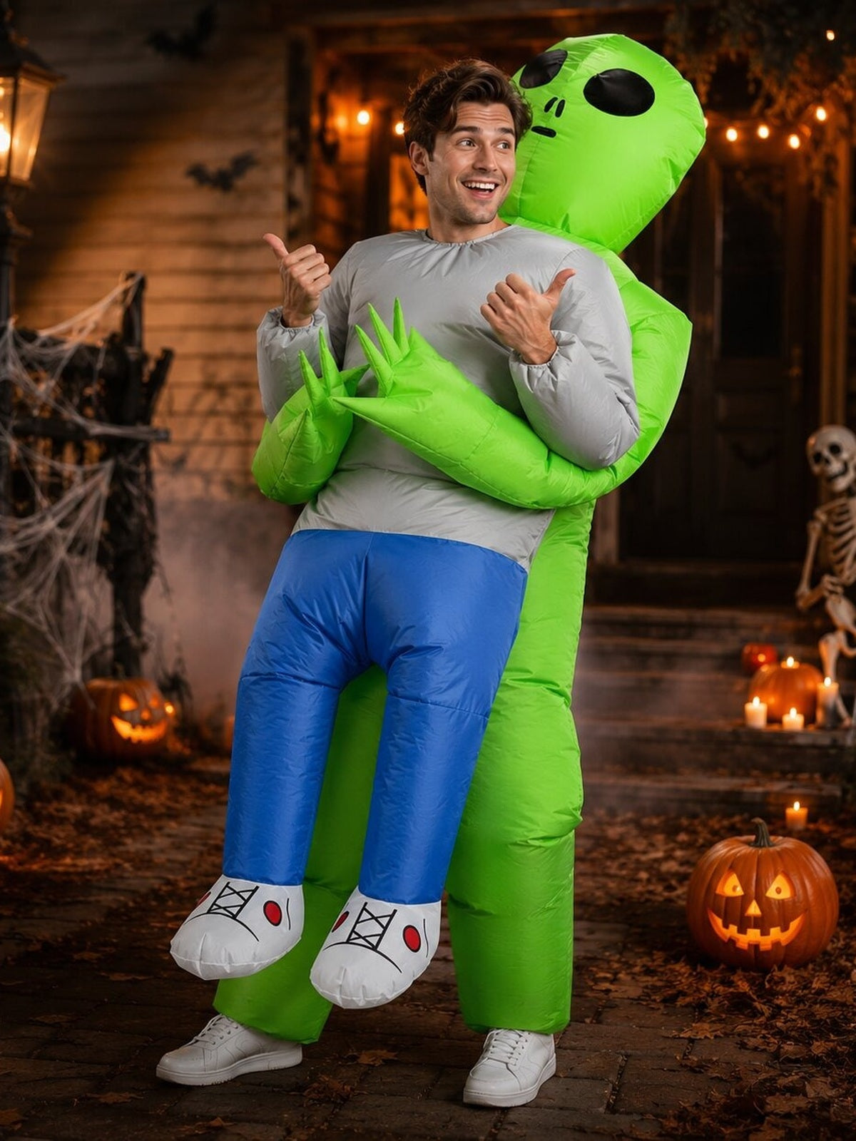 Inflatable alien abduction costume at night