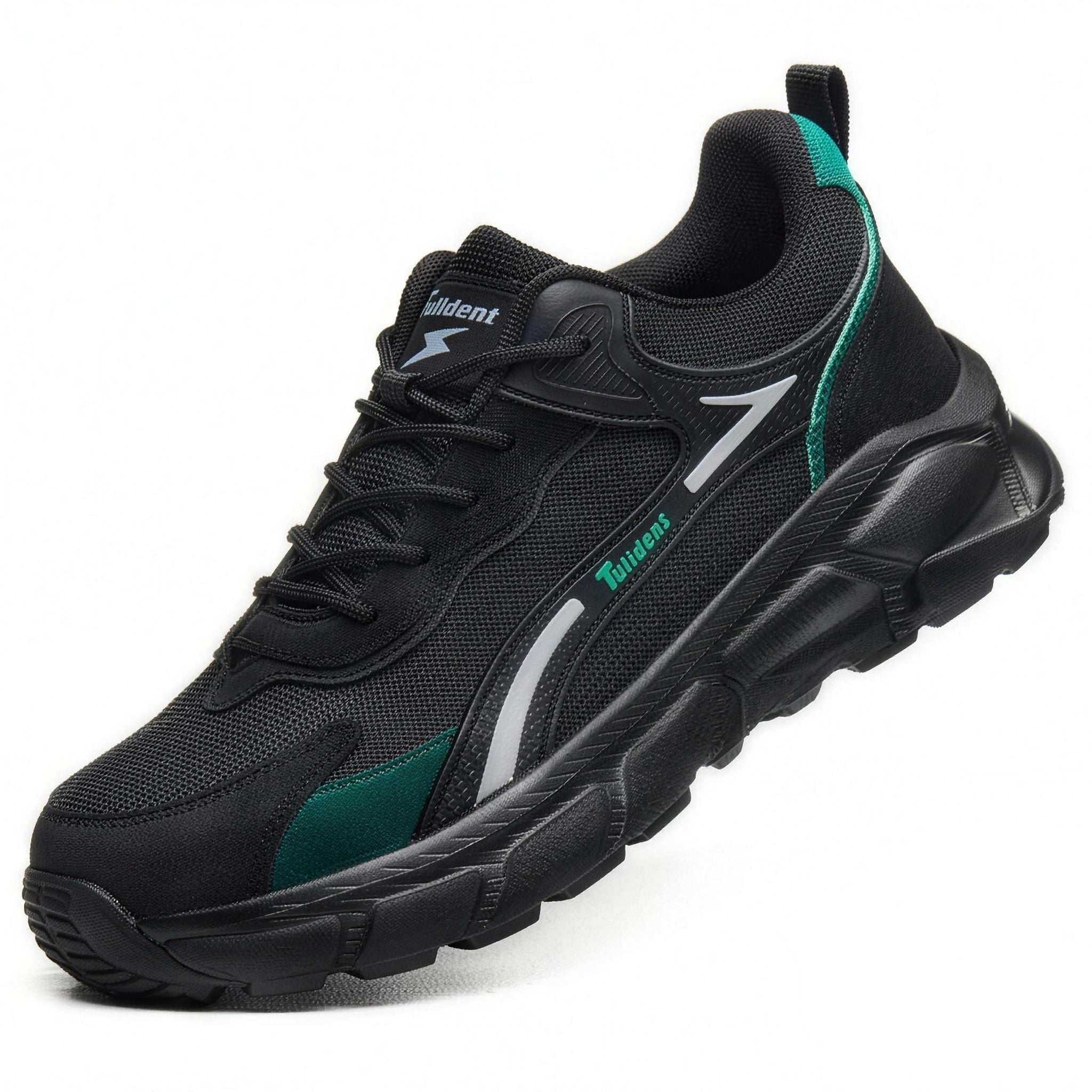 Black mesh athletic work shoe with green and gray accents, shown flat | Chaps London