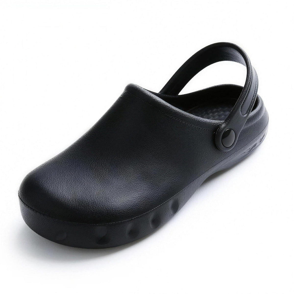 Black EVA clog with heel strap and vented platform sole, unworn | Chaps London