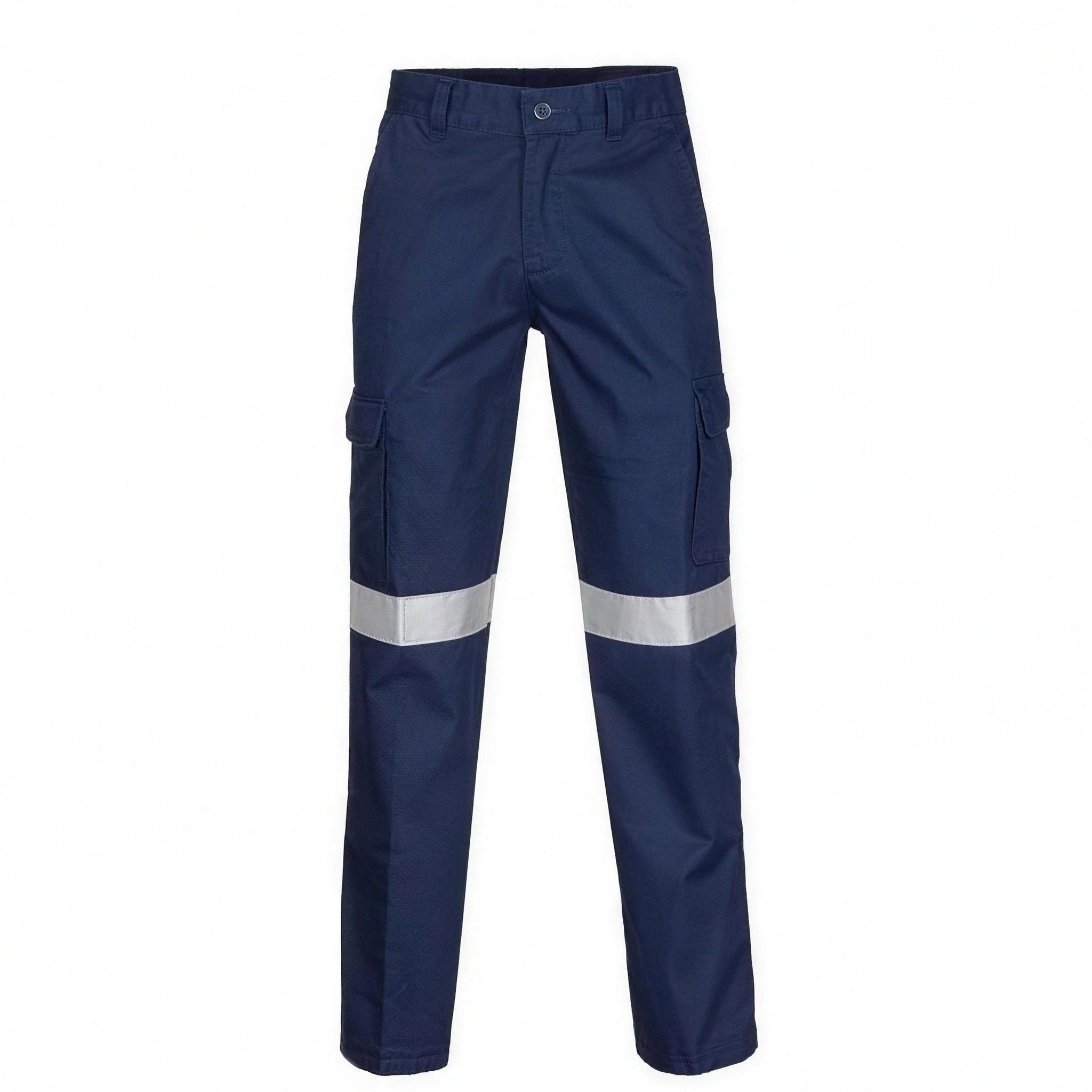 Navy cargo work trousers with reflective knee bands, shown flat, cutout background | Chaps London