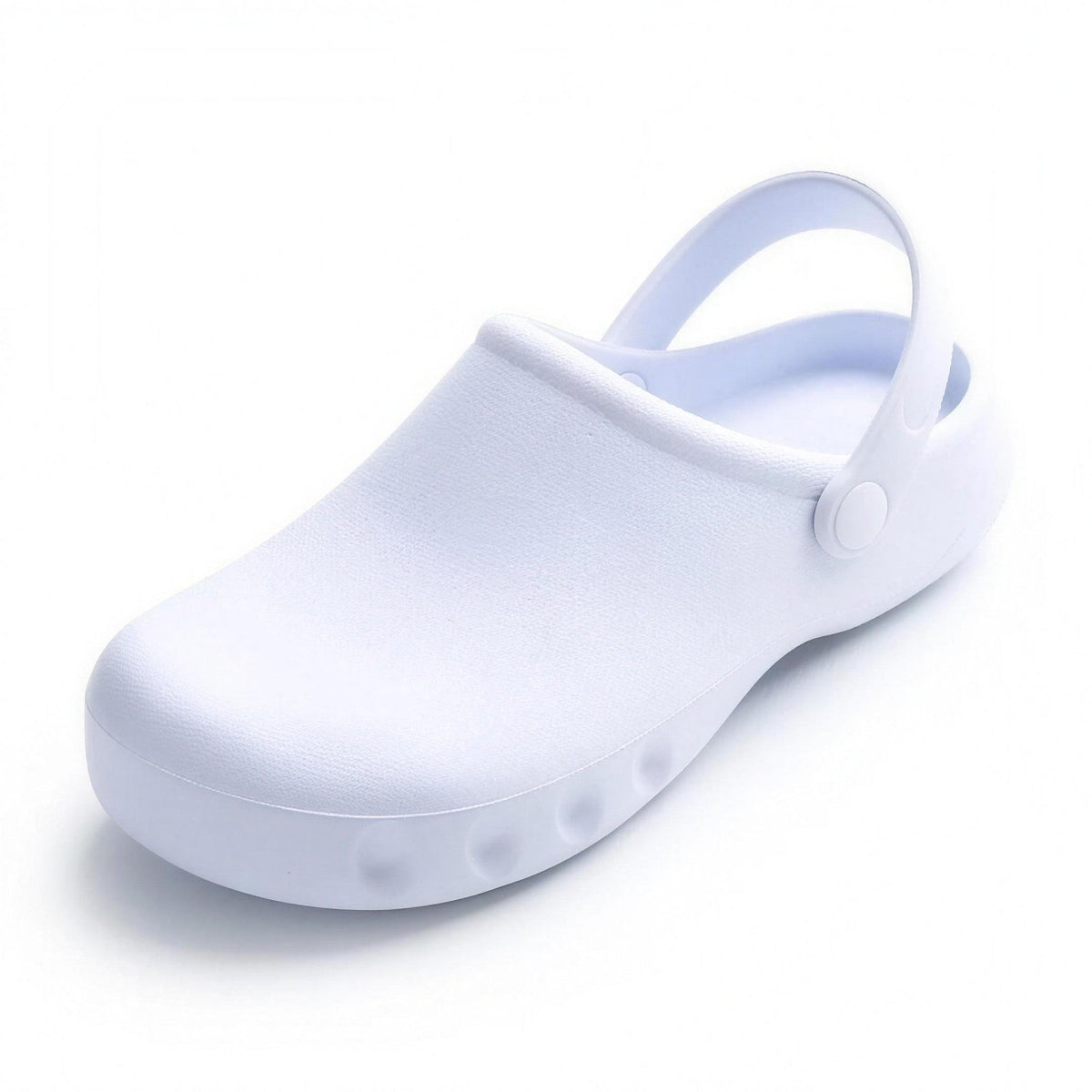 White EVA clog with adjustable heel strap and ventilation holes, shown alone | Chaps London