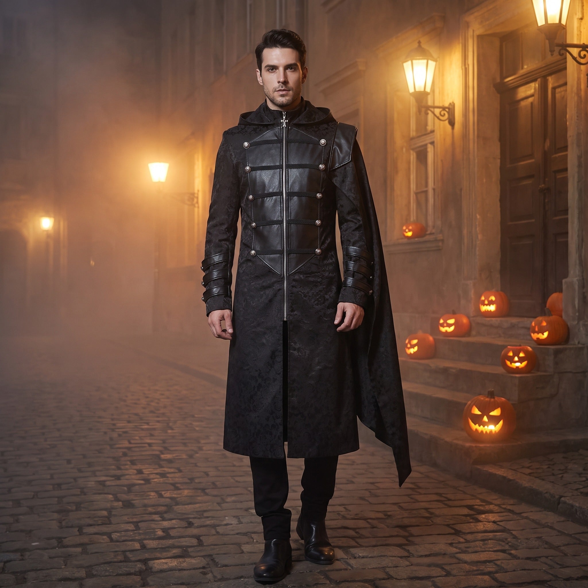 Man wearing black jacquard gothic hooded coat with shoulder cape, nighttime street | Chaps London