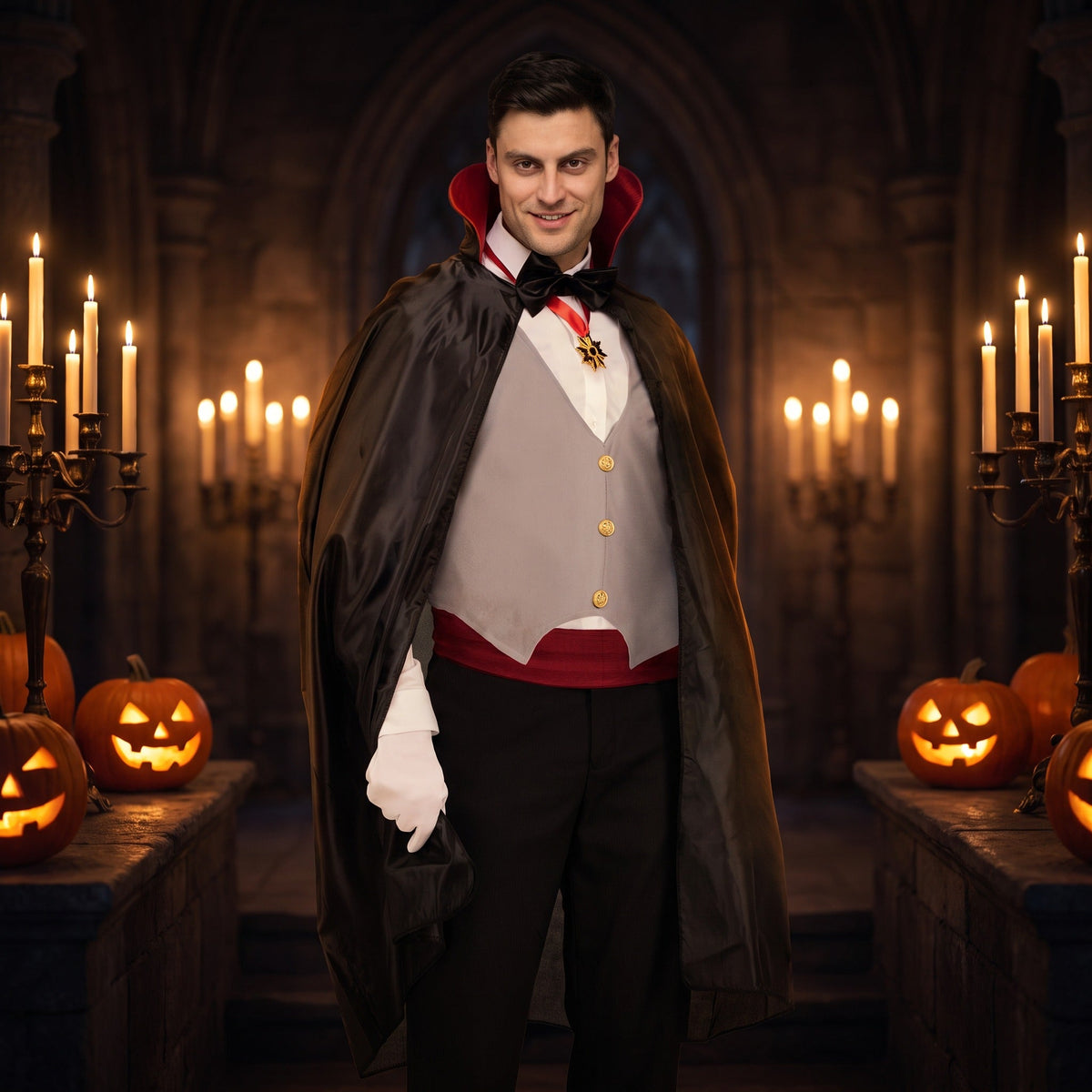 Man wearing black vampire cape, grey waistcoat, white gloves, Halloween setting | Chaps London