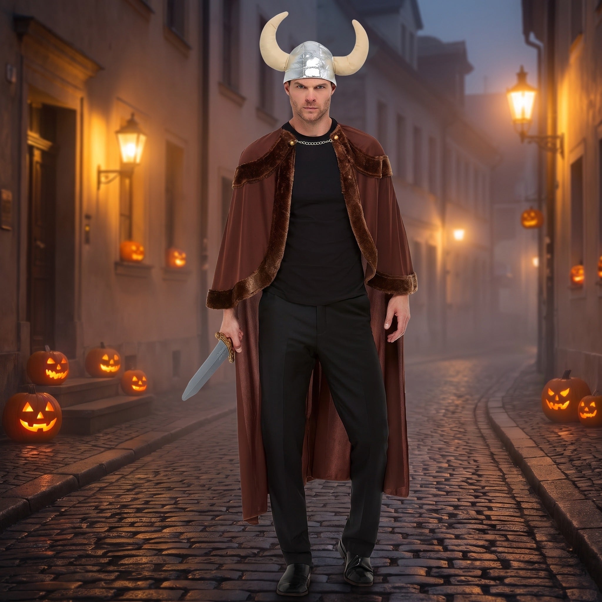 Man wearing brown faux fur cape and horned helmet on foggy street | Chaps London