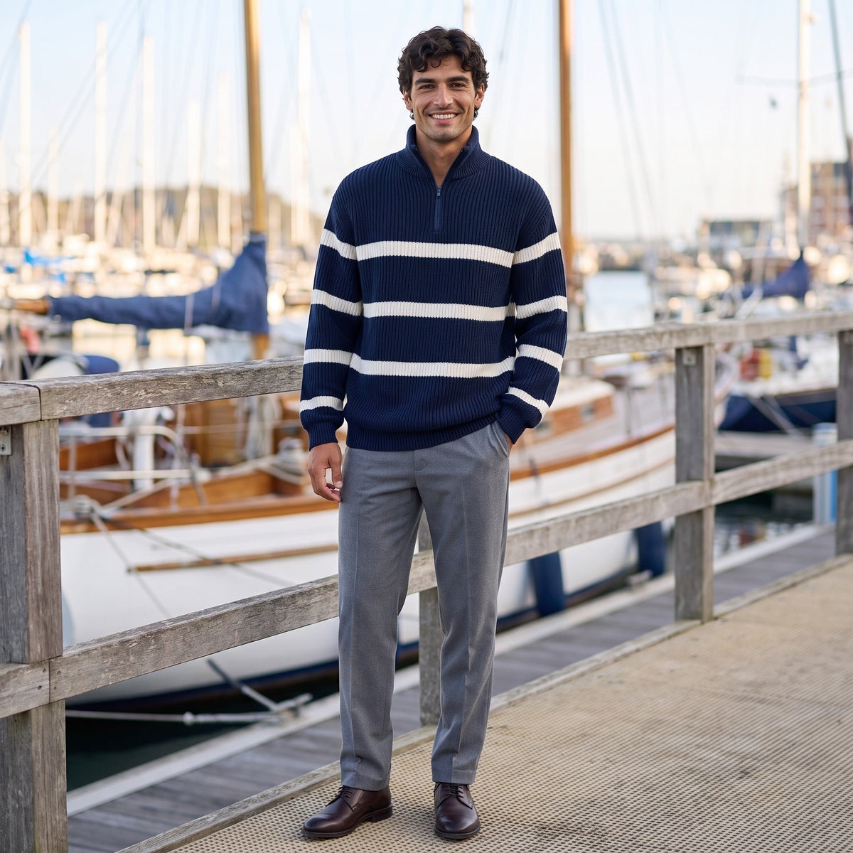 Man wearing navy striped half-zip jumper with grey trousers on marina dock | Chaps London