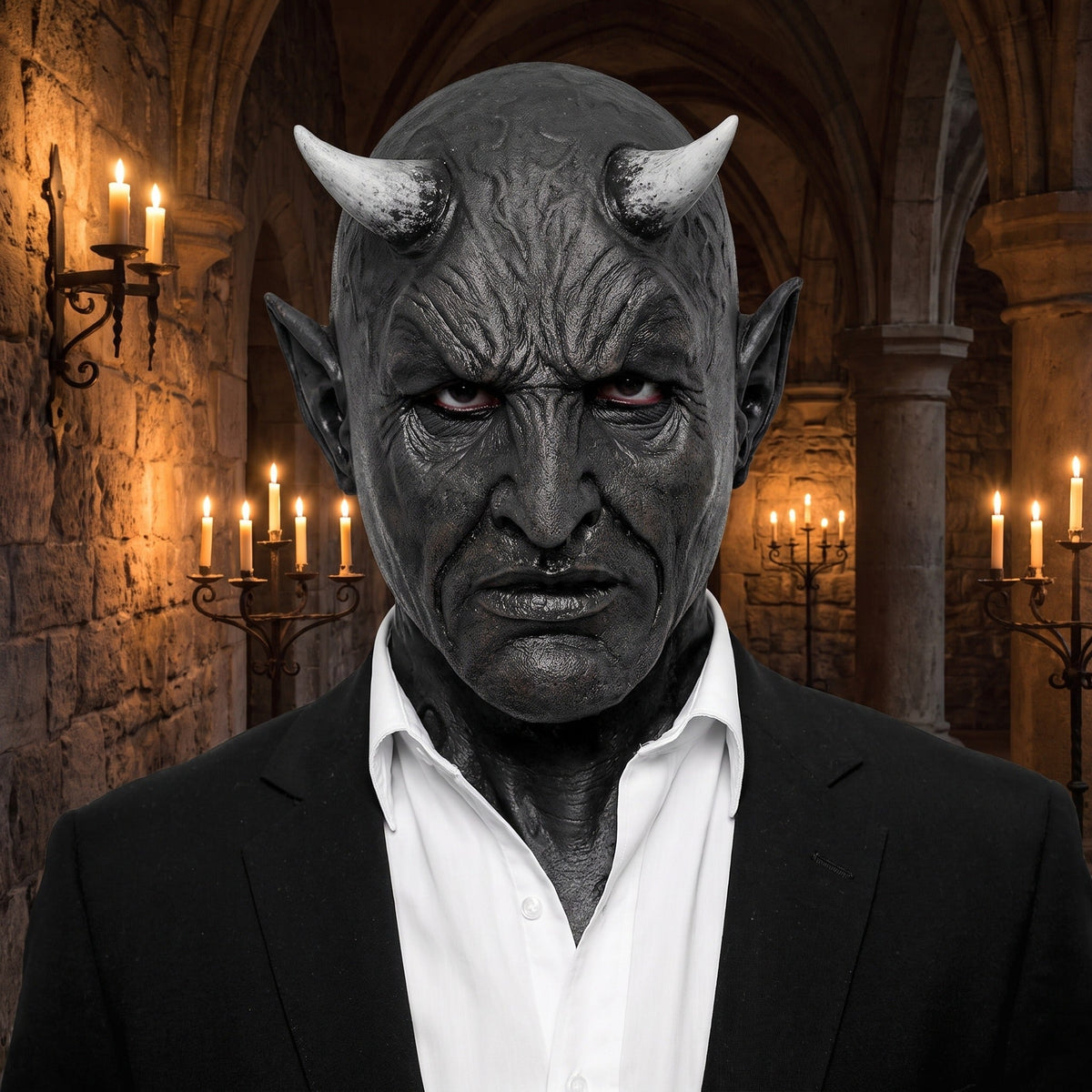 Gray demon mask with horns and pointed ears, worn by person | Chaps London