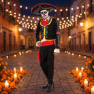 Man wearing black skeleton costume, sombrero, and red sash at night | Chaps London