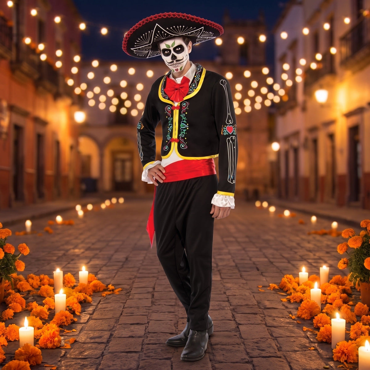 Man wearing black skeleton costume, sombrero, and red sash at night | Chaps London