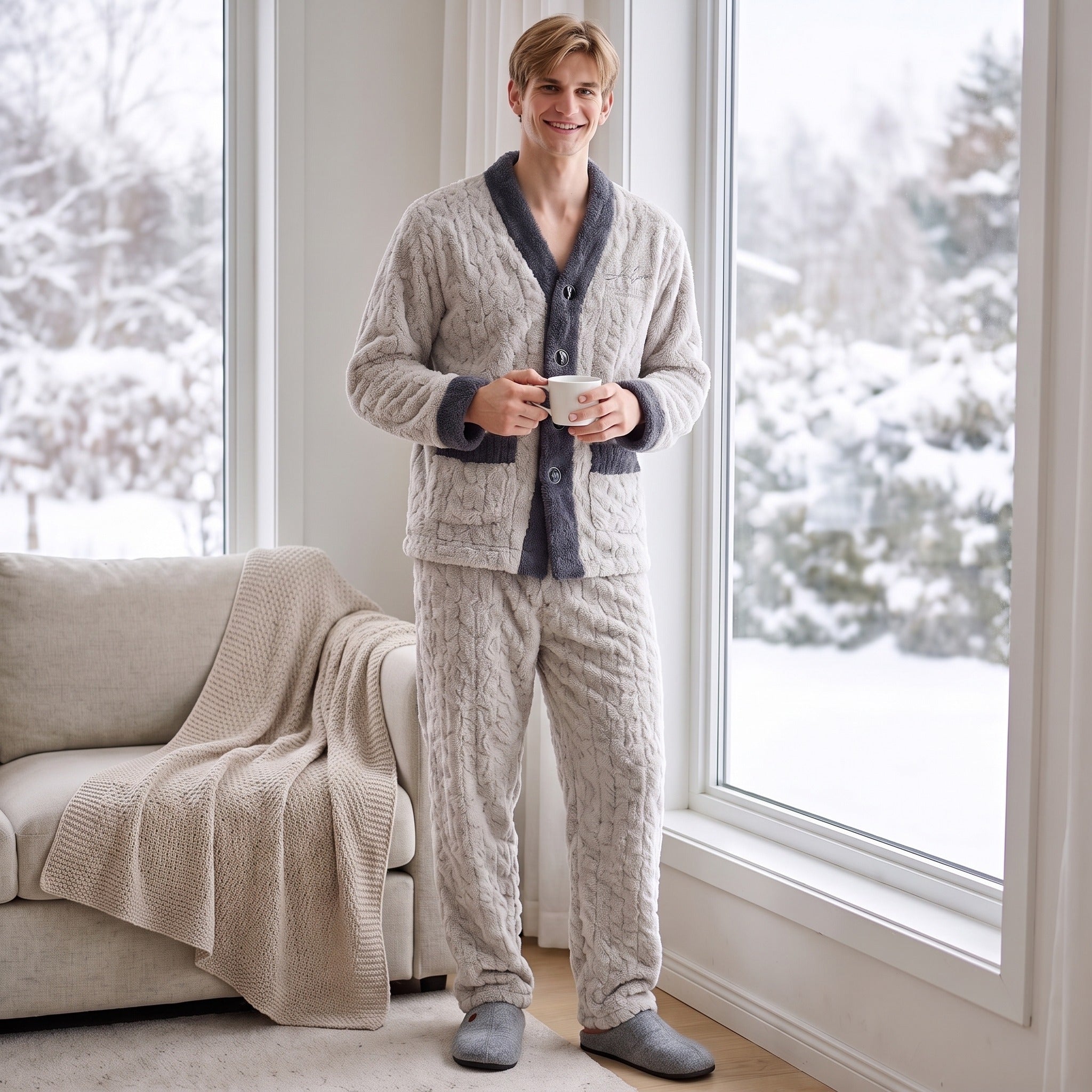 Man wearing gray cable-knit fleece pajama set, holding mug by window | Chaps London